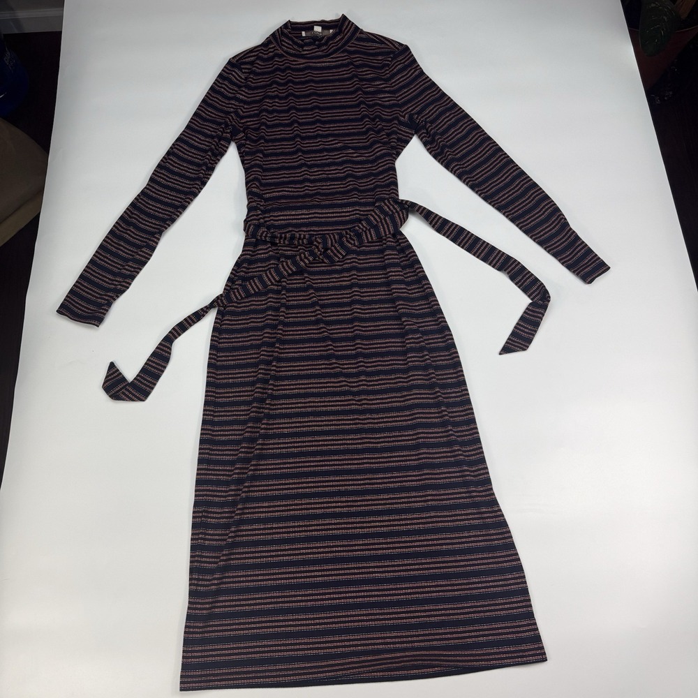 LOFT Dress Women Small Striped Midi Mock Neck Long Sleeve Tie Waist